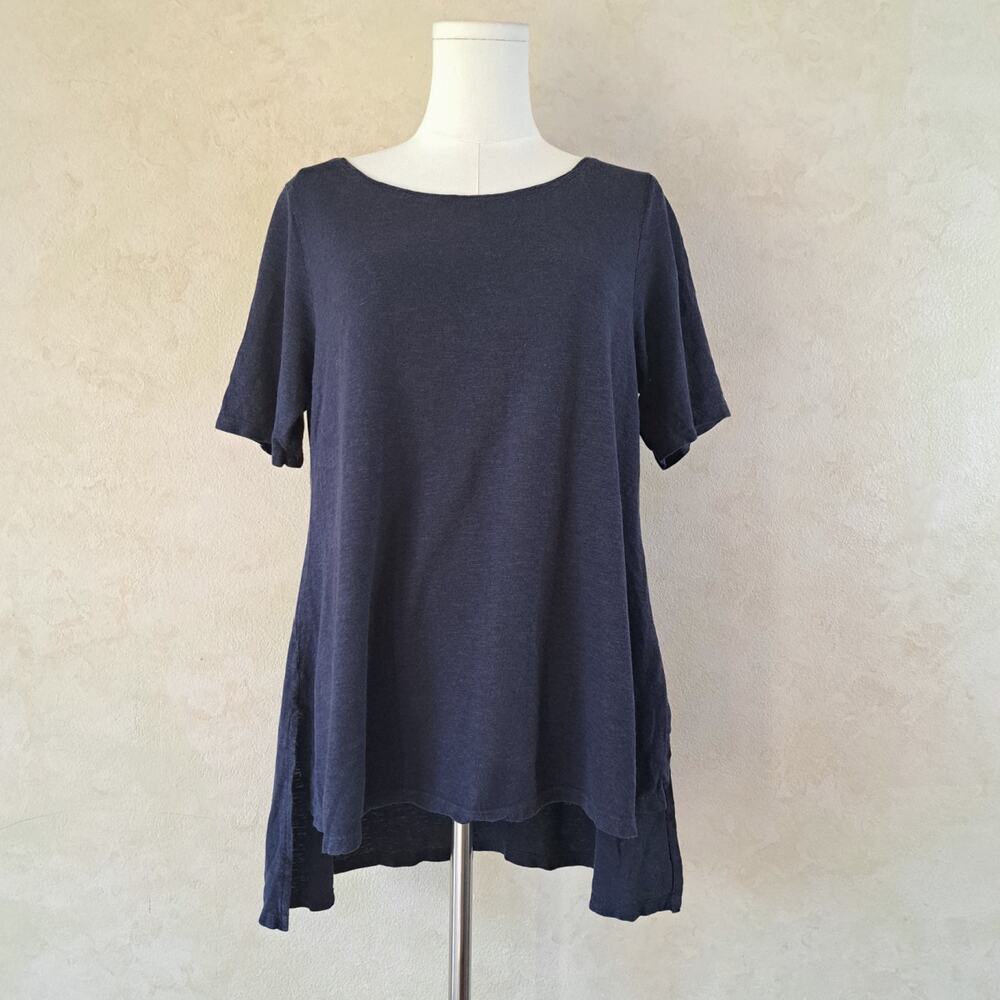 EILEEN FISHER Hemp Organic Cotton High Low Tunic Top Navy Blue Size M Medium